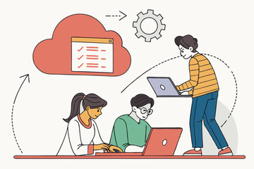 People concept. Set of vector illustration Software development, coding team, programming frontend backend framework, debugging algorithm, testing or deployment concept.