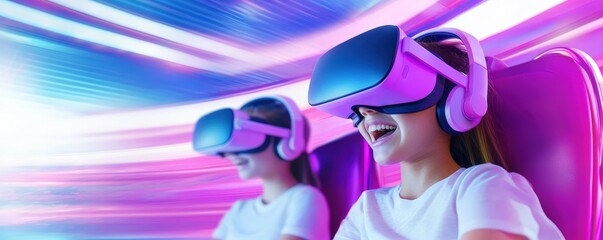 Poster - Two individuals enjoy an immersive VR experience, wearing headsets and smiling, surrounded by vibrant, colorful light effects.