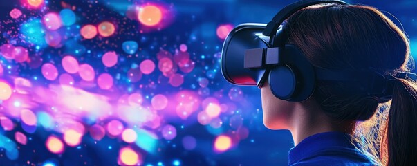 Poster - A person wearing a virtual reality headset, immersed in a vibrant digital environment filled with colorful lights and abstract patterns.