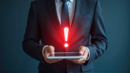 Poster - Businessman in Suit Holding Tablet with Red Exclamation Mark Symbolizing Urgent Notification or Alert for Communication and Information Technology Issues