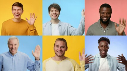Poster - A cheerful collection of diverse individuals smiling and waving their hands in greeting. Each person represents a different background, set against vibrant colored backgrounds.