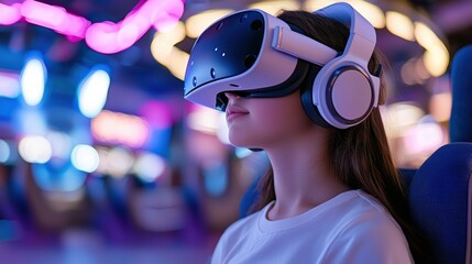 Poster - A young woman wearing a virtual reality headset enjoys an immersive gaming experience in a vibrant, colorful arcade setting.