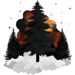 Wall Mural - celestial forest dreamlike silhouette of evergreen trees in a cosmic sky