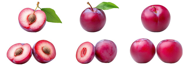 Wall Mural - Plums | Whole and Halved Red Plums with Leaves on White Background