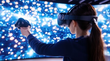 Poster - A person wearing a VR headset interacts with a vibrant, digital environment filled with glowing particles and lights.