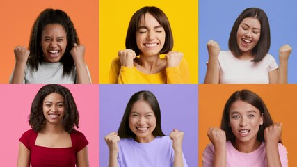 Poster - A group of six women express their happiness and excitement with cheerful gestures, celebrating their wins against vibrant pastel backgrounds. Their joyful energy shines through in this collection.
