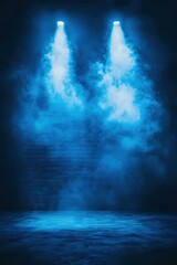 Poster - Dark Blue Stage with Two Spotlights and Fog Creating a Dramatic and Mysterious Atmosphere