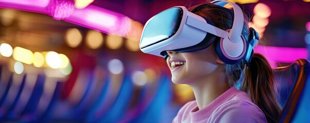 Poster - A young girl enjoys an immersive virtual reality experience, smiling while wearing a VR headset in a vibrant, colorful environment.