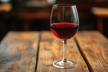 Wall Mural - Glass of red wine on rustic wooden table in a cozy indoor setting during evening hours