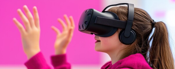 Poster - A girl wearing a VR headset engages with virtual reality, raising her hands in excitement against a vibrant pink background.