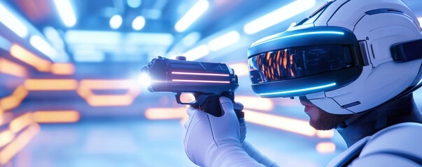 Poster - A futuristic figure wearing a VR headset aims a gun in a neon-lit environment, blending technology and gaming elements.