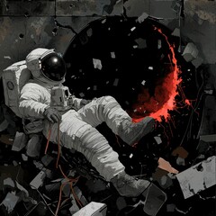 Wall Mural - astronaut in space debris near a red nebula