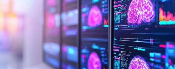 Poster - The image displays multiple screens showing vibrant brain scans with data visualizations, highlighting advanced technology in neuroscience and data analysis.
