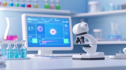 Poster - A modern laboratory scene featuring a microscope, colorful test tubes, and a computer displaying scientific data.