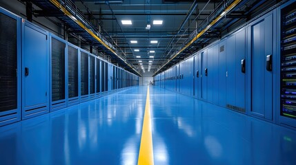 Poster - Long Blue Corridor in a Modern Data Center with Rows of Servers and Yellow Stripe on Floor