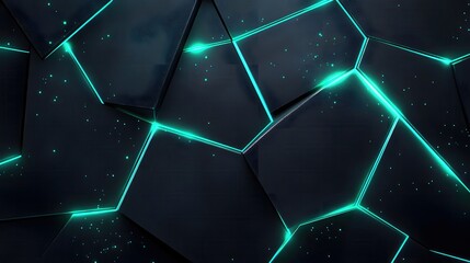 Poster - Abstract Dark Geometric Surface with Turquoise Glowing Lines and Particles Modern Design