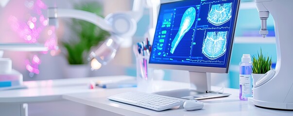 Poster - A modern dental office workspace featuring a computer displaying dental images, alongside a keyboard, tools, and a plant for a calming atmosphere.