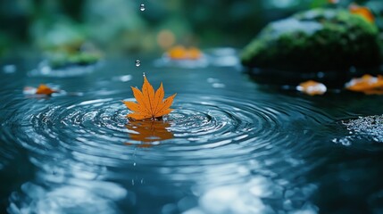 Canvas Print - Autumn leaf falling into pond, ripples, forest background