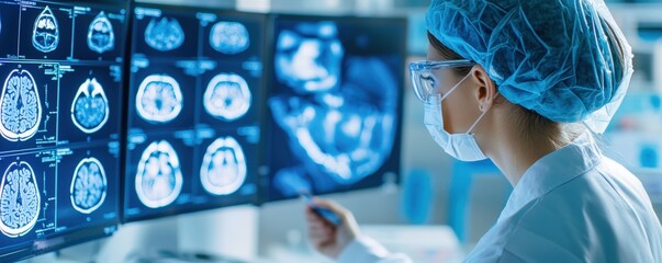 Poster - A healthcare professional analyzes brain scans on multiple screens, wearing protective gear in a modern medical environment.