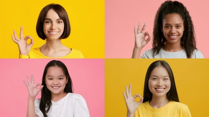 Poster - Four diverse women make the OK gesture against vibrant yellow and pink backgrounds. They display joy and confidence, showcasing a contemporary lifestyle of unity and positivity.