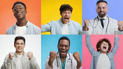 Poster - A collage of cheerful men and kid celebrating their success. Each person shows joyful expressions and gestures of victory against colorful backgrounds, radiating happiness and excitement.