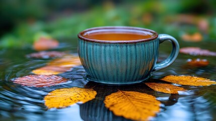 Canvas Print - Autumn tea cup on puddle leaves