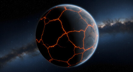 a glowing, cracked planet with fiery fissures against a dark space background.