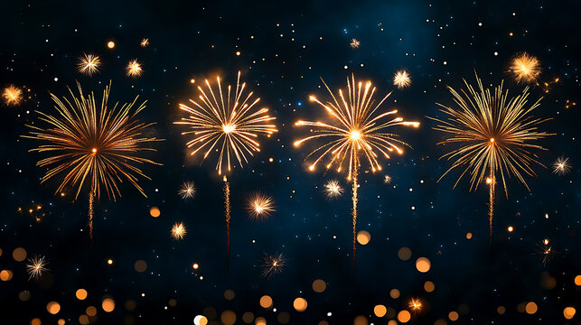 Abstract fireworks background. Festive golden fireworks celebration text in the night sky. high resolution AI Generative image
