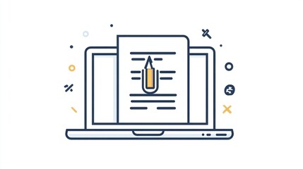 Poster - Laptop screen displays document, pencil icon; writing, editing, online;  simple background; website graphic