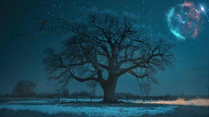 a big tree surrounded by bats at night is very beautiful. seamless looping time-lapse virtual 4k video Animation Background.