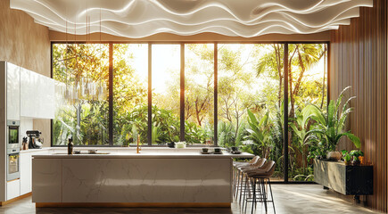 Wall Mural - An airy contemporary glam kitchen in villa designed with rounded corner filled with lush tropical planting caught, featuring a ceiling decorated with white parametric waves made from off-white fabric.