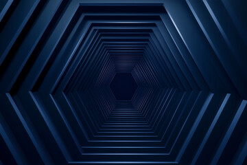 Poster - blue and white image of a tunnel with a hexagonal shape. The tunnel is dark and the blue color is dominant