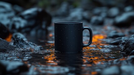 Canvas Print - Black mug in stream, rocks, warm light