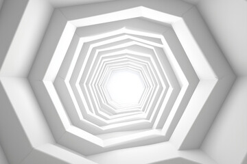 Poster - white and gray spiral with a white light shining through it. The spiral is made up of many small squares, and the light is shining through the center of the spiral