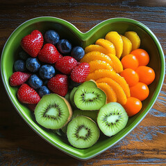 Poster - Heart-shaped green bowl filled with colorful fruits and vegetables. top view.