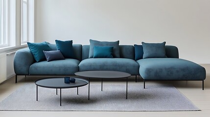 Wall Mural - Teal Sectional Sofa with Cushions and Coffee Tables