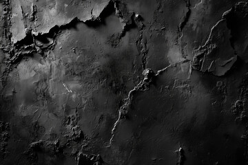 Poster - black and white photo of a wall with cracks and holes. The wall appears to be old and worn, with a sense of decay and abandonment. The photo evokes a feeling of sadness and nostalgia