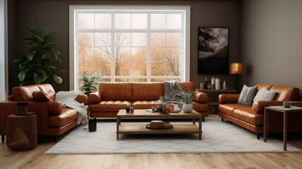 Wall Mural - rustic brown leather couch living room