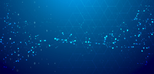 Poster - abstract molecules design. digital molecular structure in the flow of big data. biotechnology concep