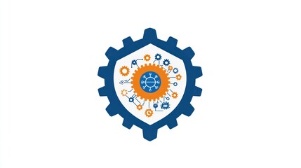 Poster - Global network security, gear shield, digital protection, white background, tech concept