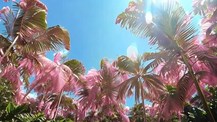Wall Mural - A captivating 4K ultra slow motion footage pink jungle trees palms extending blue sky shining sun embodying travel vacation nature concept tropical forest
