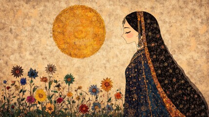 Traditional Indian Mural Art: Woman in Saree with Flowers