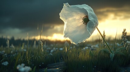 Wall Mural - Sunset Meadow White Flower Backlit Stormy Sky