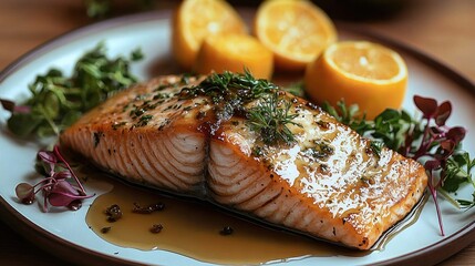 Poster - A tasty maple glazed salmon over a wood table.