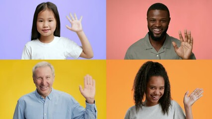Poster - A vibrant collection of diverse individuals from different backgrounds greeting with friendly waves. Each person smiles warmly against bright, colorful backdrops, creating a welcoming atmosphere.