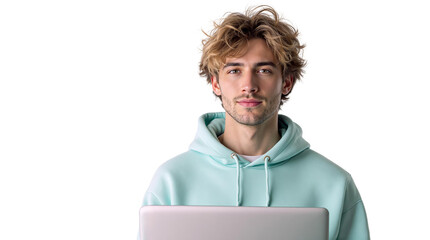 Poster - Young man with wavy blond hair in a mint green hoodie holding a laptop, isolated on a white background. Concept of technology and modern lifestyle. Ai generative