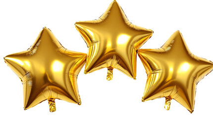 Poster - Three shiny gold star-shaped foil balloons isolated on white background, reflecting light. Perfect for celebrations, decorations, or festive designs. Ai generative
