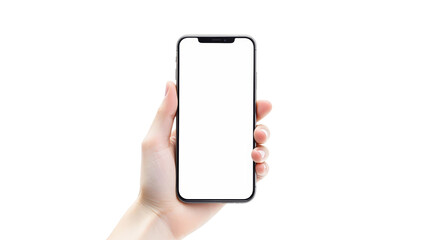 Aufkleber - Closeup of hand holding modern smartphone with blank screen, isolated on white background, concept for app presentation or advertisement. Ai generative