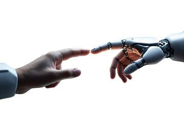 Aufkleber - Human hand and robotic hand nearly touching on a white background, symbolizing technology, artificial intelligence, and human-machine connection. Ai generative