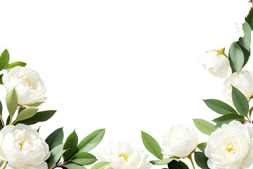 Poster - White peonies with green leaves forming a floral border on a clean white background. Elegant and delicate design template for creative layouts. Ai generative